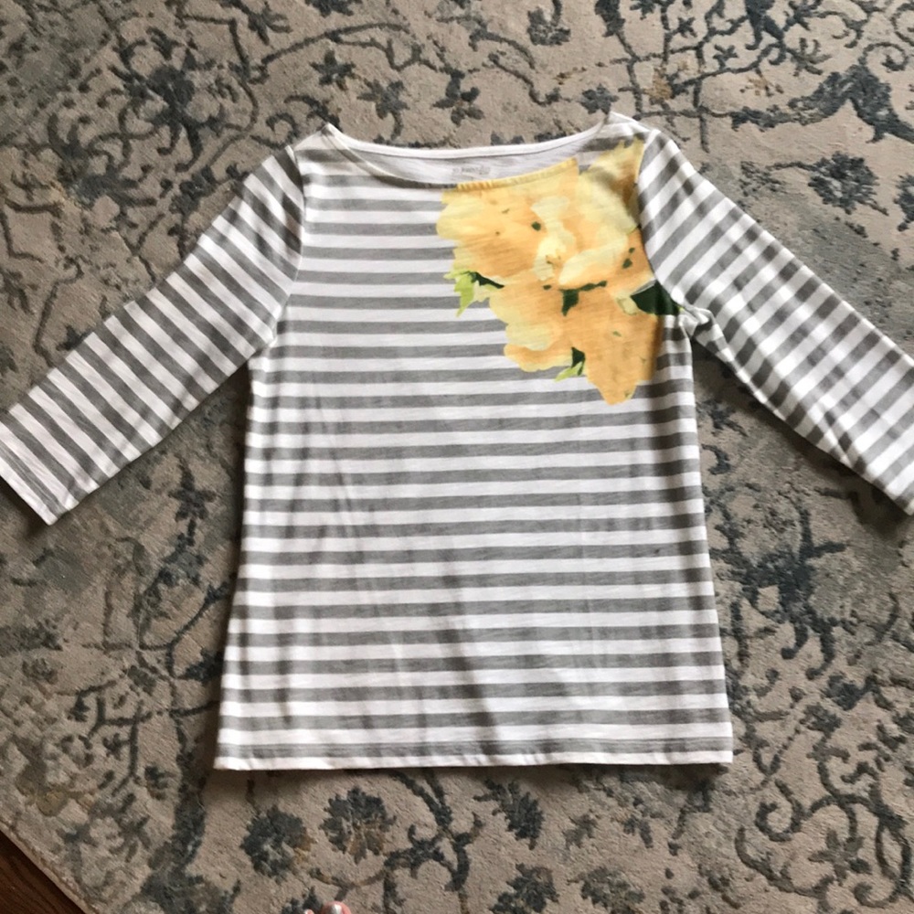 Tee Grey and white Striped with Yellow Flowers